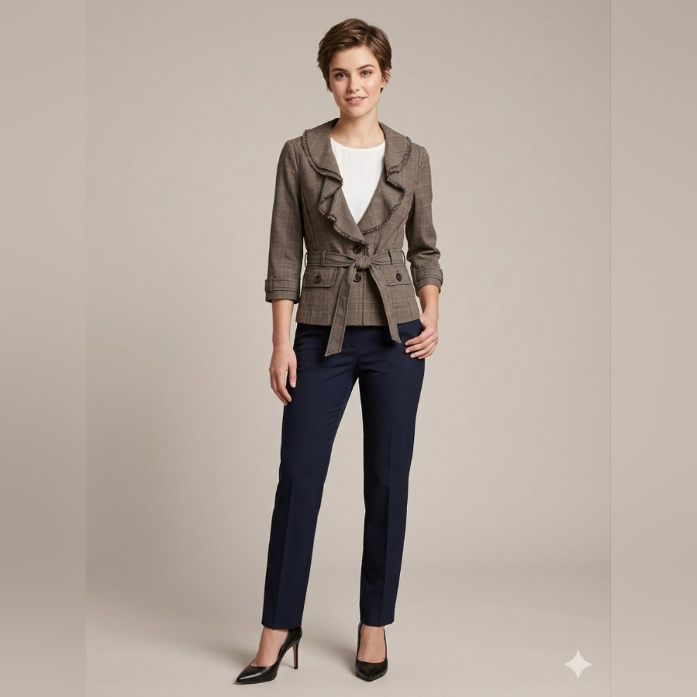 Anne Taylor LOFT Brown Tan Italian Tweed Belted Blazer Jacket SZ 6 - Picture 4 of 14